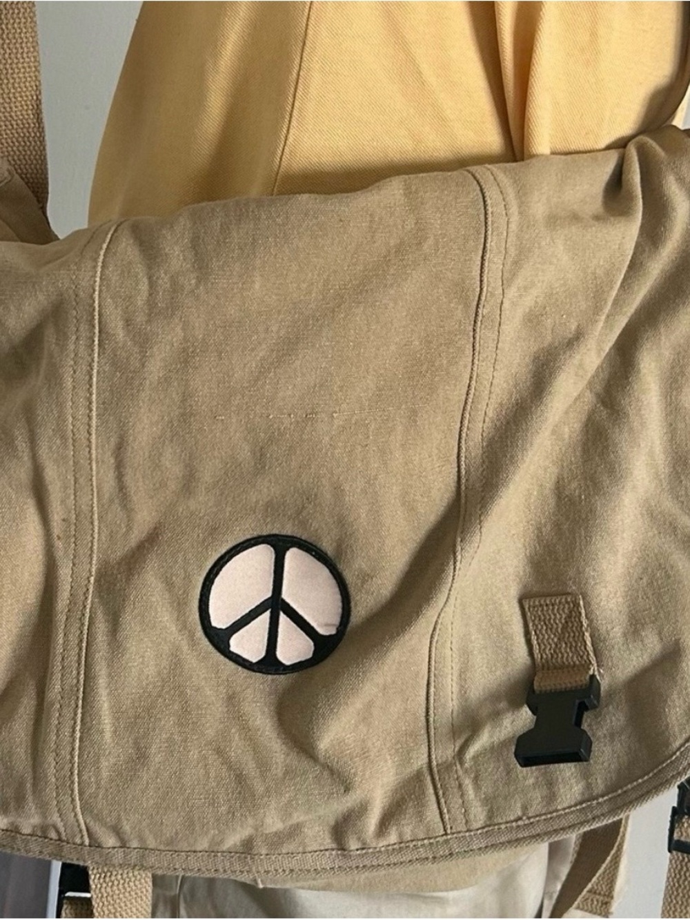 Canvas Messenger Bag w/ peace sign-Khaki bag with many pockets. For Women or men